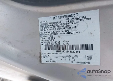 2004 Ford Freestar Sel from USA, damaged, VIN 2FMZA52234BA12403